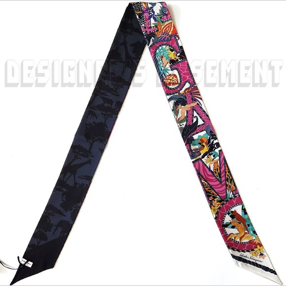 SALVATORE FERRAGAMO pink AMO Jungle 2-sided skinny TWILLY silk twill scarf +🎁 - Picture 3 of 7